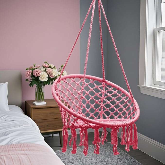 Goutime Hammock Chair, Macrame Hanging Swing Chairs with Hardware Kit,Adult Boho Swings for Outside,Patio,Balcony,Bedroom (Pink (Pillows are not Included))