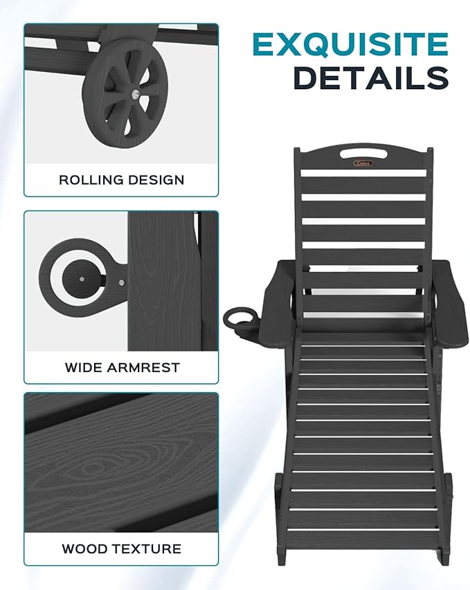 Outdoor Chaise Lounge Chair Set of 2, Patio Lounge Chairs for Outside, HDPE Lounge Chairs with Wheels & Cup Holder, Poly Lounge Chair with 5 Position for Poolside, Deck, Black