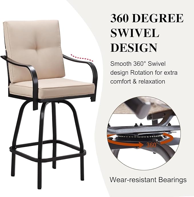 Patio Swivel Bar Stools, Outdoor Bar Height Swivel Chairs Set of 6 with Cushion & All Weather Steel Frame for Backyard, Lawn, Poolside and Balcony, Beige