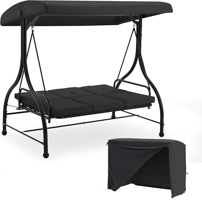 U-MAX Porch Swing with Cover, Patio Swing with Adjustable Backrest&Canopy 3 Seat Outdoor Swing with Canopy 2-in-1 Convertible Patio Daybed with Removable Black Cushions