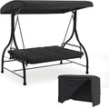 U-MAX Porch Swing with Cover, Patio Swing with Adjustable Backrest&Canopy 3 Seat Outdoor Swing with Canopy 2-in-1 Convertible Patio Daybed with Removable Black Cushions