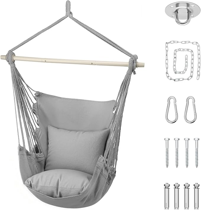 Athena Collection Hammock Chair Hanging Rope Swing Chair with 2 Cushions, Max 350 Lbs, Hanging Macrame Chair with Anti-Slip Grooves Spreader Bar and Pocket for Outdoor Indoor Patio Yard, Gray