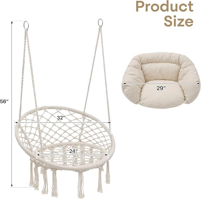 Athena Collection Hammock Chair Hanging Swing Chair with Large Thick Cushions, Outdoor Hanging Chair with Macrame Cotton Rope for Indoor, Outdoor, Bedroom, Balcony, Holds 350 Lbs, White