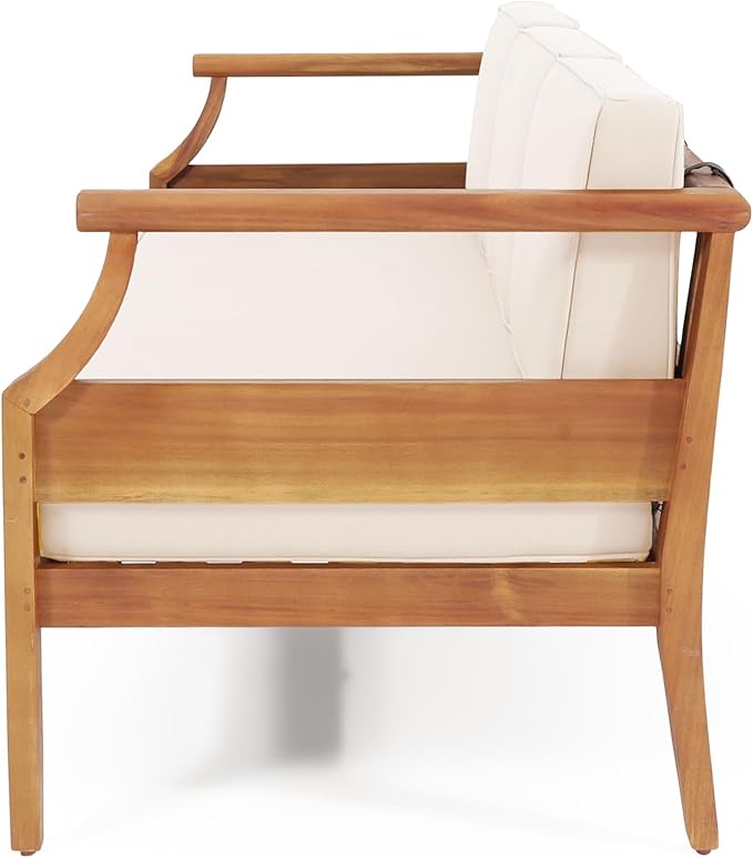 Christopher Knight Home Aston Outdoor 3 Seater Sofa, Upholstered Cushion Couch, Acacia Wood Bench Sofa, Slat Armchair, 73.25" W Spacious Seating Bench Couch for Gardern Porch Balcony, Teak+Beige