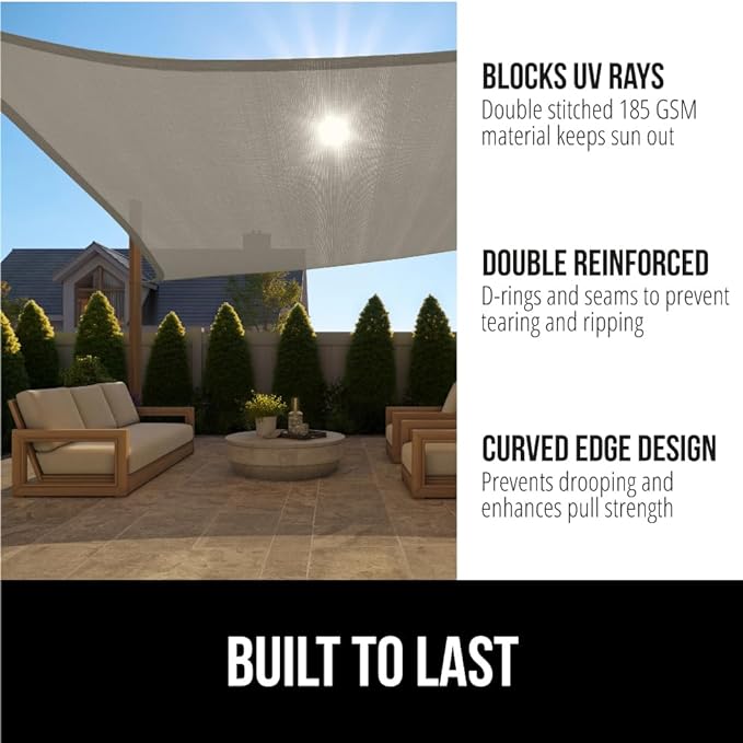 GORILLA GRIP Heavy Duty Sun Shade, UV Protection Fade Tear and Rust Resistant Rectangle Sunshade Canopy, Curved Edges Blocks Sunlight, Breathable Sail, Outdoor Patio, Lawn Garden, 8x12 FT Gray