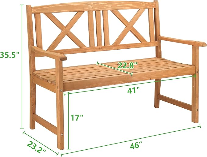 Outvita Wooden Garden Bench, Outdoor Wood Patio Bench, Rustic 2-Person Loveseat Chair w/Armrest for Porch Poolside Park Backyard Balcony, Capacity 605Lbs, X Backrest