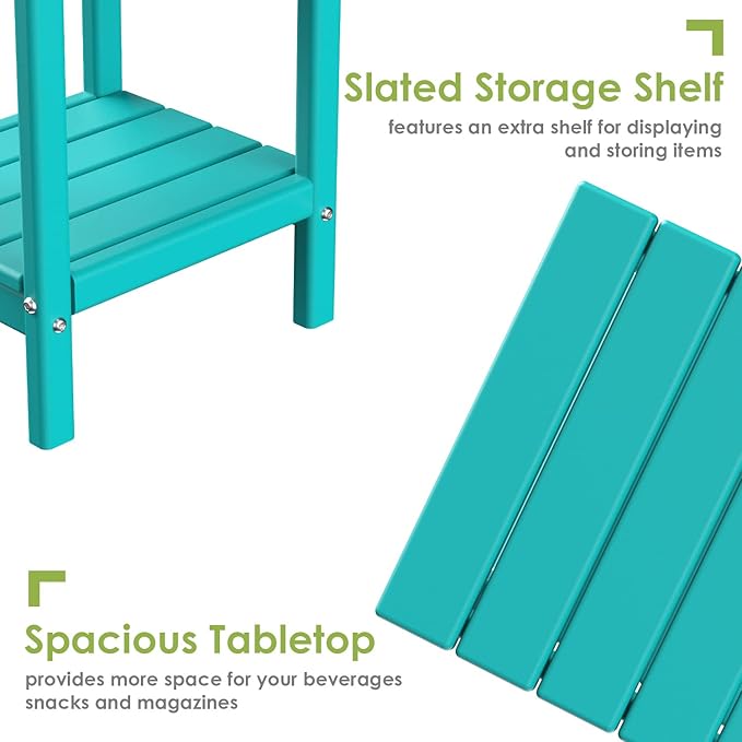 GREENVINES Adirondack-Outdoor-Side-Table | Set of 2 | 14 x 13 Inches | HDPE Plastic | All Weather | Aqua | Outside End Tables | Storage Shelf | for Patio Porch Backyard Indoor