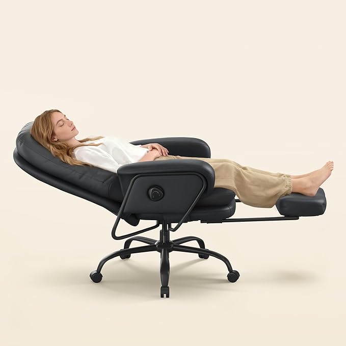 FLEXISPOT Luno 2-in-1 Chaise Lounge Chair Indoor with Wheels Footrest 90-165° Reclining Lumbar Support, Home Office Chairs for Living Room Bedroom Study Relaxing Working, Leather, Black