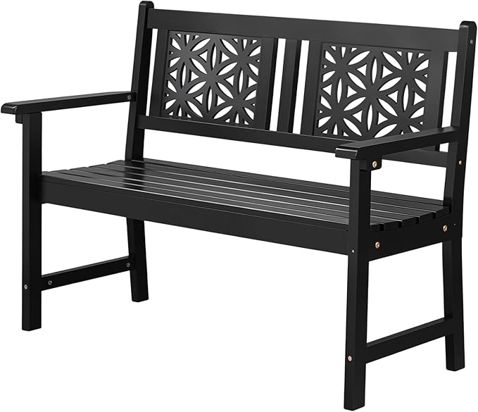 VINGLI 47" Outdoor Wood Bench, All Weather Outdoor Wooden Patio Garden Bench, Outside Loveseat 660lbs Capacity for Front Porch Park Entryway (Black)