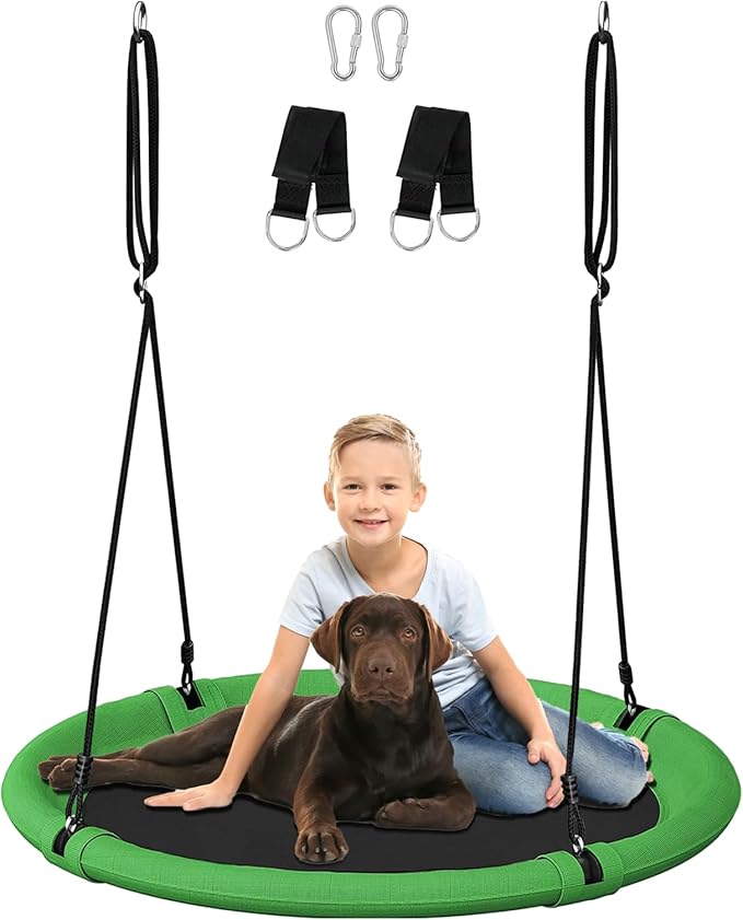 40 Inch Diameter Saucer Tree Swing Set for Kids & Adults, Adjustable Flying Swing Seat for Backyard or Outdoor Playground, Green & Black
