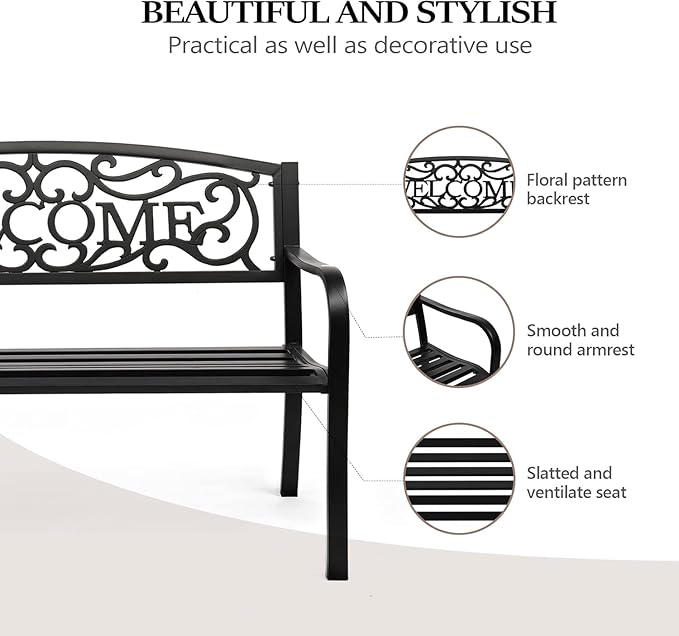 VINGLI Outdoor Bench with PVC Welcome Back Pattern, Rust-Resistant Metal Black Garden Bench, Porch Steel Bench for Patio, Porch, Park, Lawn Decor