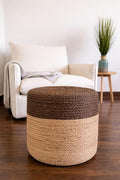 S & L Homes Pouf Ottoman - 100% Jute Braided Footrest Pouf Hand Knitted Traditional Cord Boho Pouffe for Living Room, Bedroom, Nursery, Patio, Lounge Colorblock - Natural Brown (16”x16”x16”)