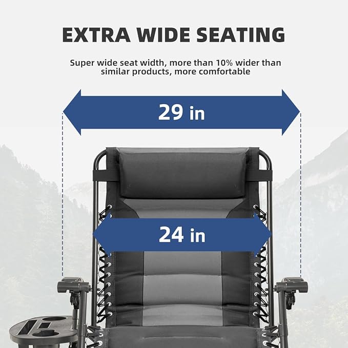 Zero Gravity Chair Set of 4 Oversized Padded Recliner with Adjustable Headrest & Cup Holder - 600D Oxford Folding Lounge Chair for Outdoor Camping, Patio, Poolside (Black & Gray)