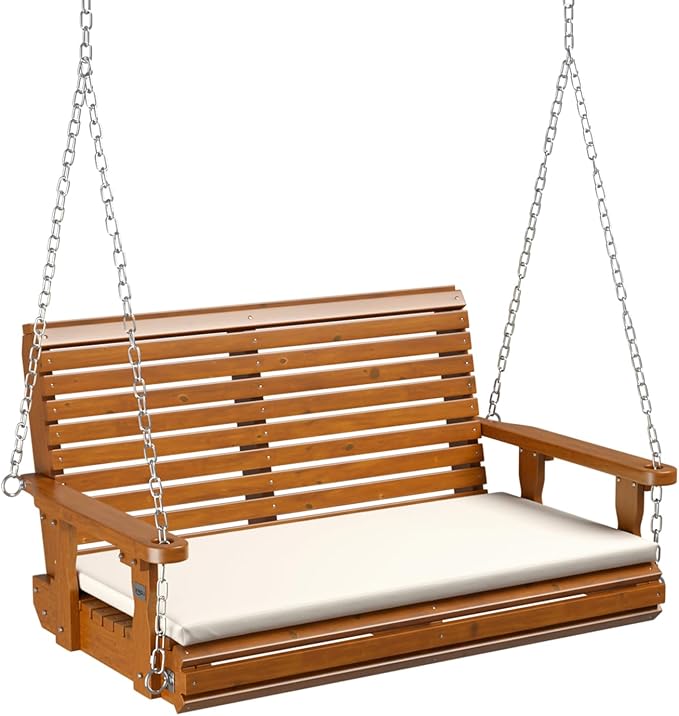 VINGLI Wooden Porch Swing, Heavy Duty 880 LBS Hanging Patio Bench with Extra Cushion for Lawn| Garden| Courtyard (Brown, 4 feet)