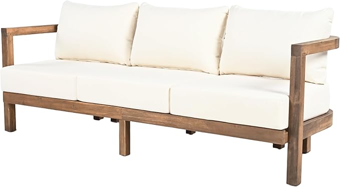 Christopher Knight Home Havets 74.75"W Outdoor 3 Seater Sofa, 6" Thick Cushion Couch, Acacia Wood Bench Sofa, Slats Panel Open Back, Spacious Seating Bench Couch for Backyard Garden Porch, Brown+Beige