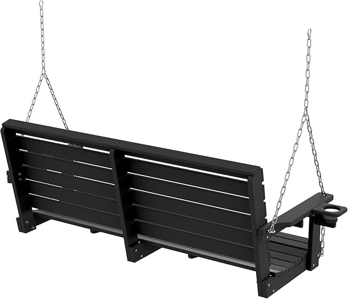 Plawdlik Porch Swings,2 Seat Patio Chair with Two Cup Holders,HDPE Waterproof Bench for Courtyard-Black