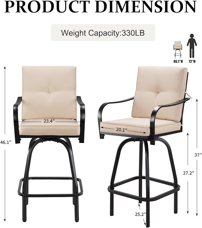 Patio Swivel Bar Stools, Outdoor Bar Height Swivel Chairs Set of 4 with Cushion & All Weather Steel Frame for Backyard, Lawn, Poolside and Balcony, Beige