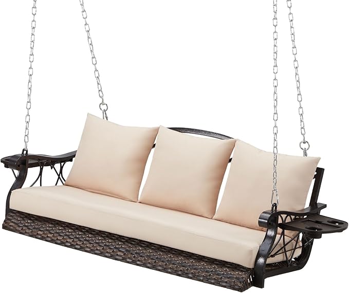 3-Person Wicker Porch Swing Chair Heavy Duty 900 LBS Outdoor Rattan Patio Swing Chair w/Cup-Holder & Steel Chains Hanging Bench Porch Swing Cushions for Deck & Backyard & Garden