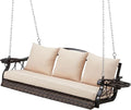 3-Person Wicker Porch Swing Chair Heavy Duty 900 LBS Outdoor Rattan Patio Swing Chair w/Cup-Holder & Steel Chains Hanging Bench Porch Swing Cushions for Deck & Backyard & Garden