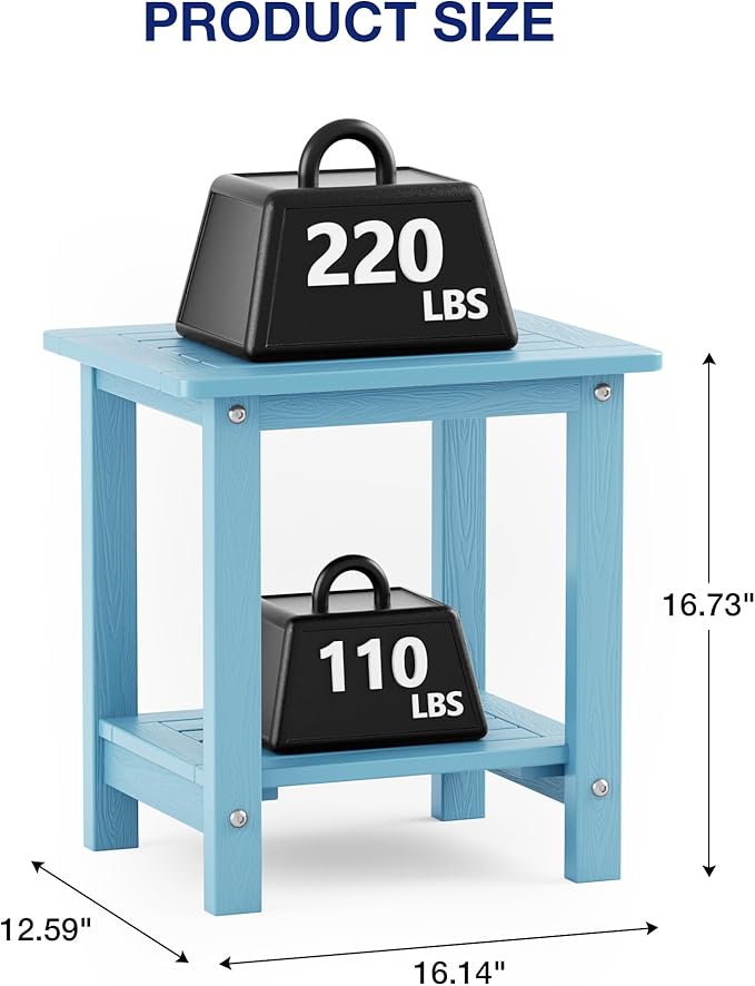 YEFU Outdoor Side Table for Patio: 16" HIPS Weather - Resistant Adirondack Tables - Waterproof Small Square End Tables for Backyard Pool Porch Balcony - Indoor Outdoor Double Layer Table Blue