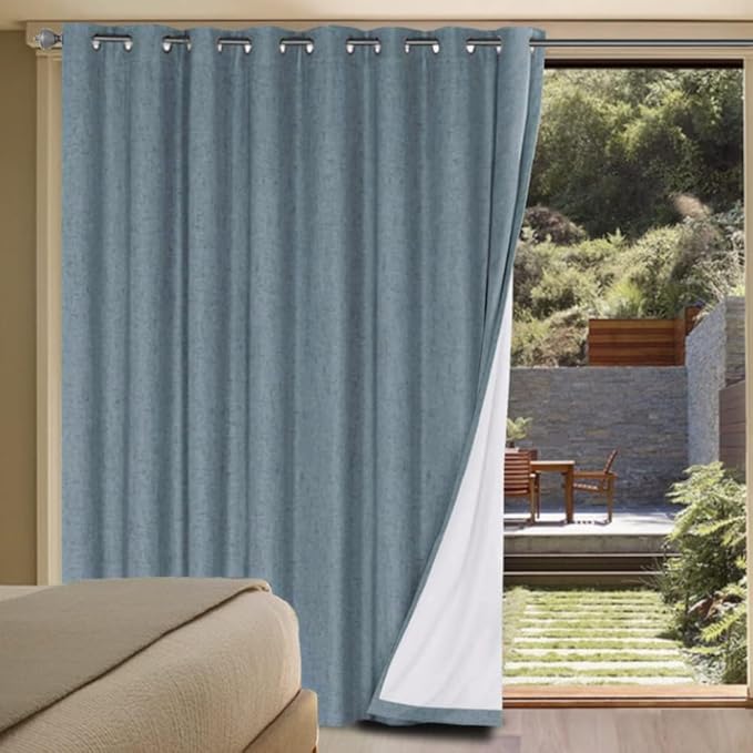 H.VERSAILTEX Linen Blackout Curtains Durable Thick Textured Linen Look 100% Blackout Patio Door Curtain Anti Rust Grommet Extra Wide Sliding Door Curtain Panel, W100 x L96 inch - Stone Blue