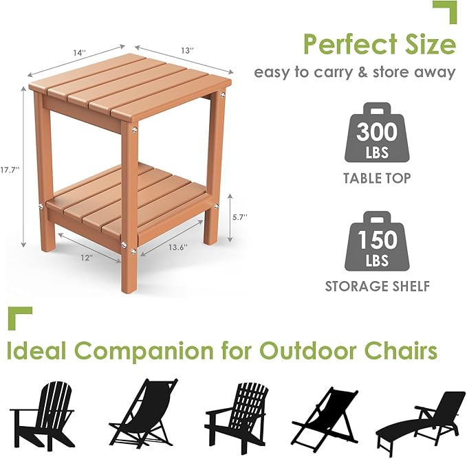GREENVINES Adirondack-Outdoor-Side-Table | 14 x 13 Inches | HDPE Plastic | All Weather | Teak | Outside End Tables | Storage Shelf | for Patio Porch Backyard Indoor