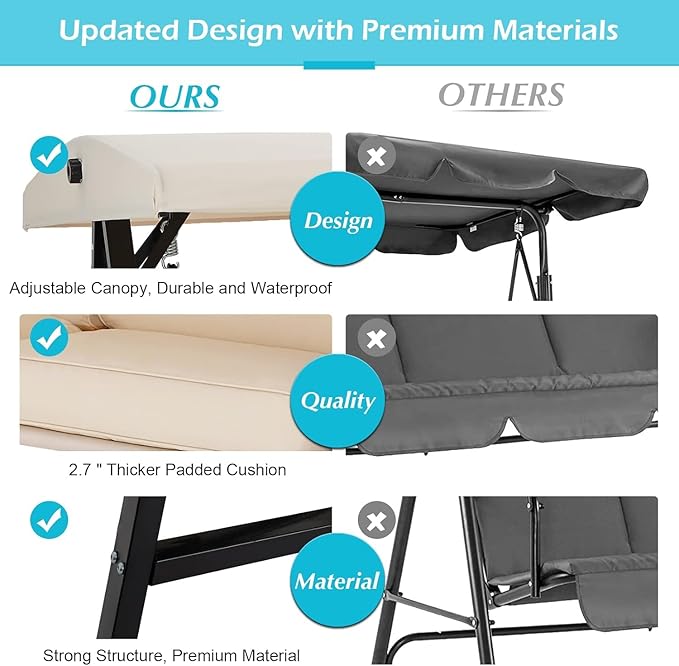 AECOJOY 2-Seat Outdoor Patio Swing Chair with Adjustable Canopy, Porch Swings Chairs for Adult, Outside Swing Bench with Removable Cushion, Suitable for Backyard, Garden, Yard, Poolside, Balcon,Beige