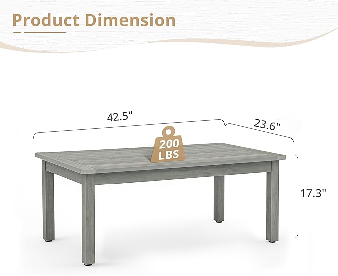 LUE BONA Outdoor Coffee Table Rectangle, 42.5" HDPS Patio Coffee Tables for Outside, All Weather Patio Coffee Table with Slatted Tabletop for Deck, Garden, Balcony, Indoor or Outdoor Use, Light Gray
