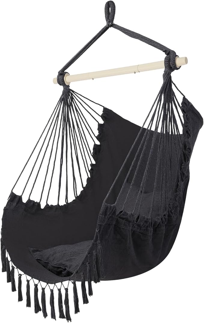 ONCLOUD Hammock Chair Hanging Rope Swing, Load Capacity Up to 550 LBS Macrame Hammock Swing Seat with Two Cushions, Hammock Seats with Portable Steel Spreader Bar for Indoor/Outdoor, Dark Grey