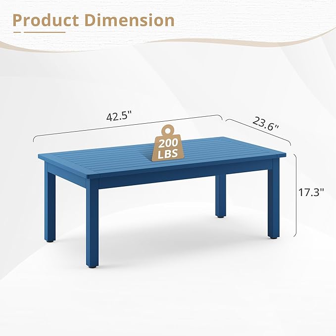 LUE BONA Outdoor Coffee Table Rectangle, 42.5" HDPS Patio Coffee Tables for Outside, All Weather Patio Coffee Table with Slatted Tabletop for Deck, Garden, Balcony, Indoor or Outdoor Use, Navy Blue