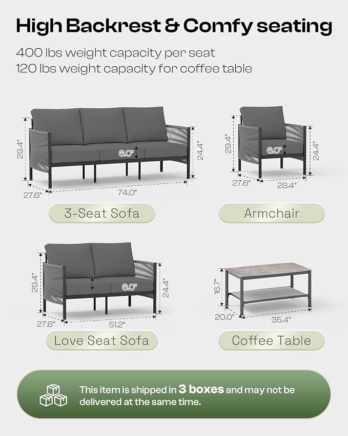 Aluminum Outdoor Patio Furniture Set with Dual-Layer Coffee Table, 4 Piece Modern Patio Conversation Sets with PE Rope, Outdoor Sectional Sofa with Thick Cushions for Balcony, Porch, Charcoal