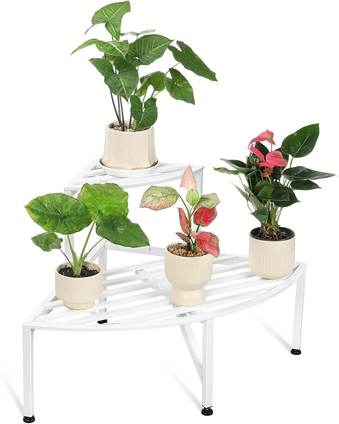 Corner Plant Stand Outdoor Metal,2 Tier Heavy Duty Ladder Plant Shelf Indoor for Multiple Plants,37.08" L x 22.83" W x 20.07" H,White