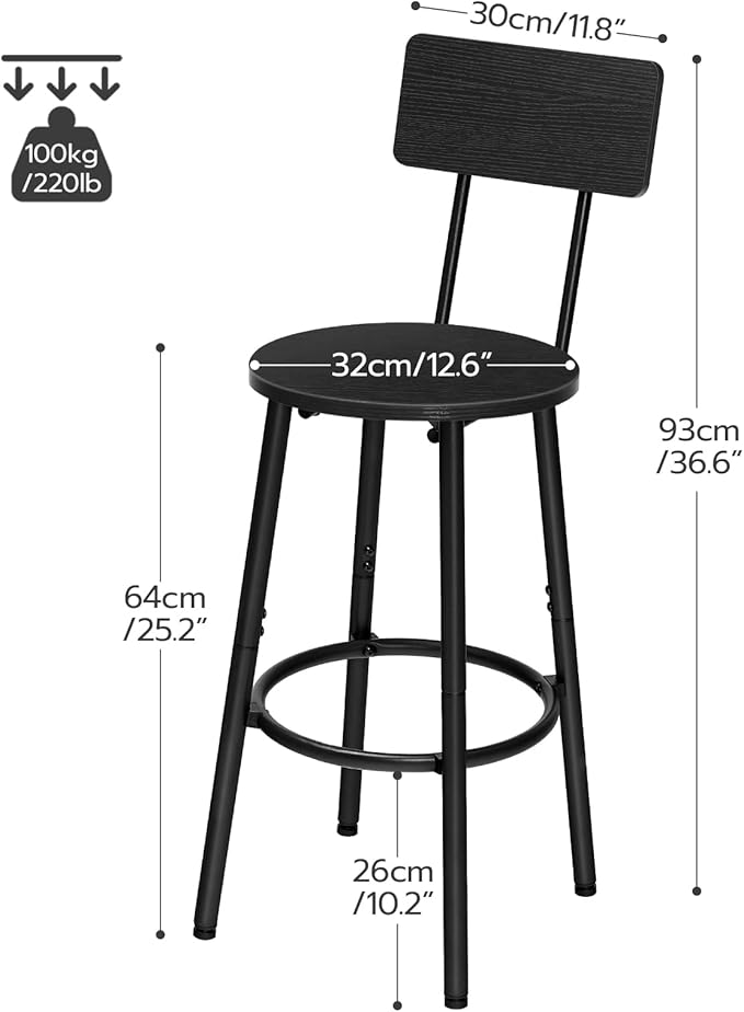 HOOBRO Bar Stools,Set of 2 Round Bar Stools with Back,25.2" Bar Chairs for Kitchen Island, Dining Room,Counter Height Barstools, Easy to Assemble, Black BK32BY01G1