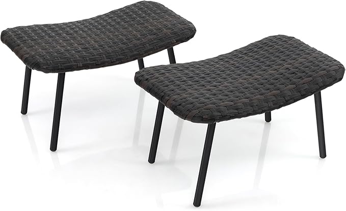 Tangkula Set of 2 Patio Ottomans, Multipurpose Rattan Ottomans w/Padded Quick Dry Foam & Heavy-Duty Metal Legs, Outdoor Wicker Footrest Extra Seating for Poolside, Backyard All Weather Resistant