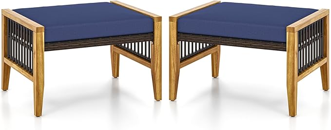 Tangkula Set of 2 Outdoor Ottomans, Patio Acacia Wood Ottomans with Cushions, Versatile Rattan Woven Footstools, Wicker Footrest Extra Seating for Backyard, Poolside, Porch