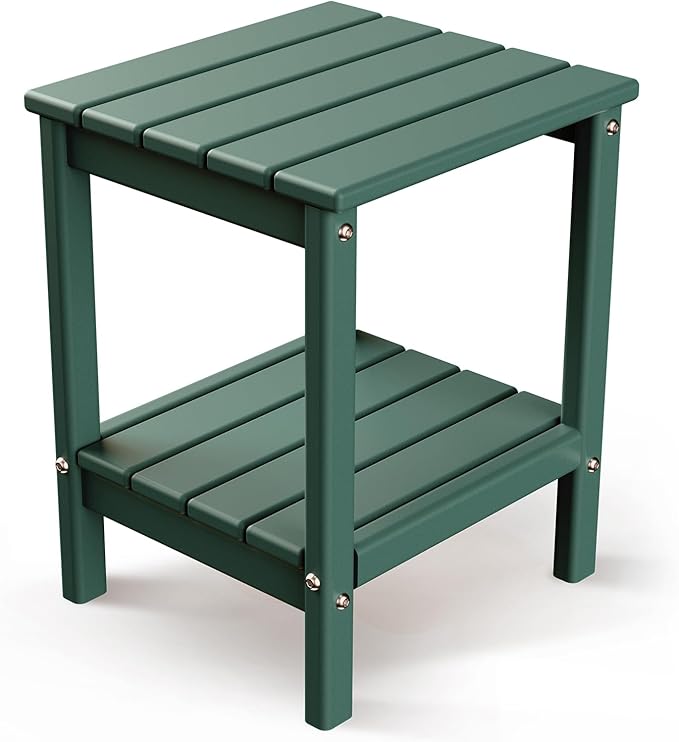 GREENVINES Adirondack-Outdoor-Side-Table | 14 x 13 Inches | HDPE Plastic | All Weather | Forest Green | Outside End Tables | Storage Shelf | for Patio Porch Backyard Indoor
