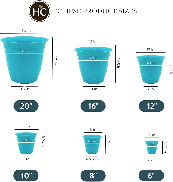 The HC Companies 8 Inch Eclipse Round Planter Pots with Drainage Holes & Attached Saucer, Lightweight UV-Resistant Plastic Indoor & Outdoor Planters, 6-Pack Flower Pots for Garden & Home Decor, Teal
