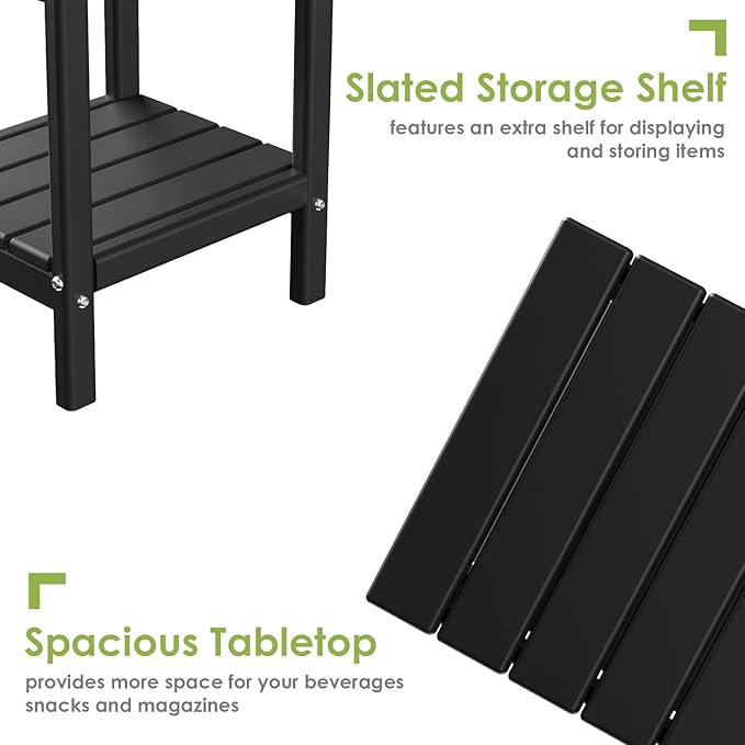 GREENVINES Adirondack-Outdoor-Side-Table | Set of 2 | 14 x 13 Inches | HDPE Plastic | All Weather | Black | Outside End Tables | Storage Shelf | for Patio Porch Backyard Indoor