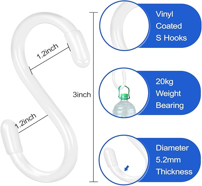 White S Hooks, 3 Inch Vinyl Coated S Hook for Hanging Plants,10 Pack Non Slip Heavy Duty Small Rubber Coated Closet S Hook for Hanging Jeans Plants Jewelry Pot Pan Cups Towels