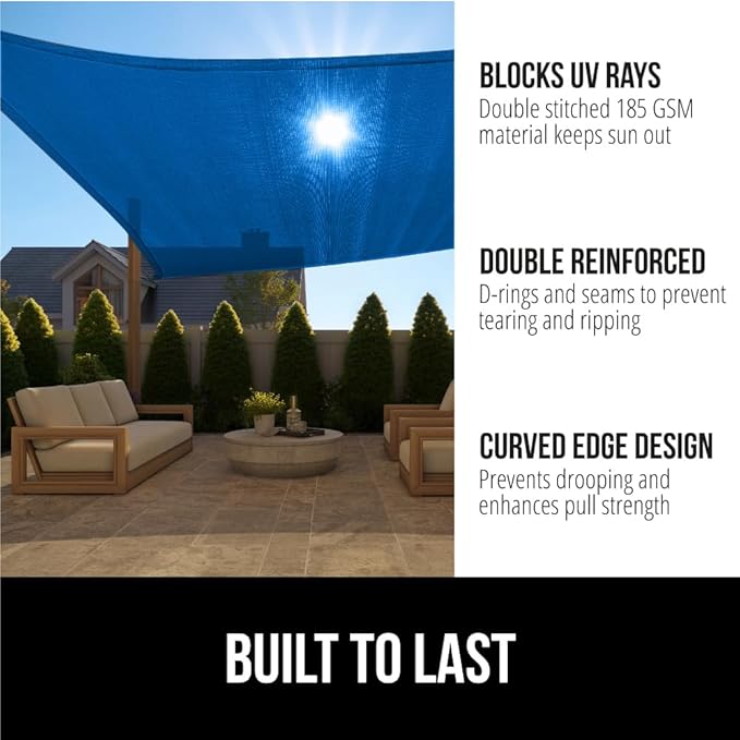 GORILLA GRIP Heavy Duty Sun Shade, UV Protection Fade Tear and Rust Resistant Rectangle Sunshade Canopy, Curved Edges Blocks Sunlight, Breathable Sail, Outdoor Patio, Lawn Garden, 8x12 FT Blue