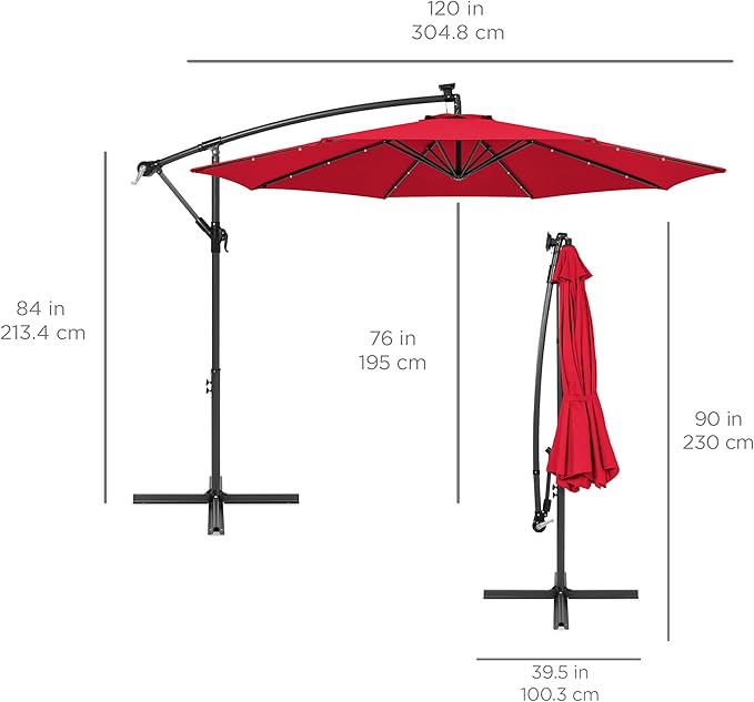 Best Choice Products 10ft Solar LED Offset Cantilever Hanging Market Patio Umbrella, 8 Sturdy Ribs, Easy Adjustment - Red