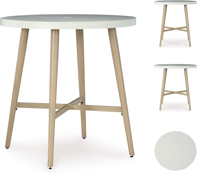 Signature Design by Ashley Seton Creek Casual Outdoor Bar Table with Umbrella Hole, Beige & White