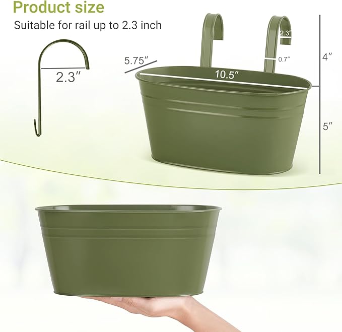Dahey 10.5 Inch Metal Iron Hanging Flower Pots for Railing Fence Hanging Bucket Pots Countryside Style Outdoor Planter Window Flower Plant Holder with Detachable Hooks Home Decor,Green,5 Pcs