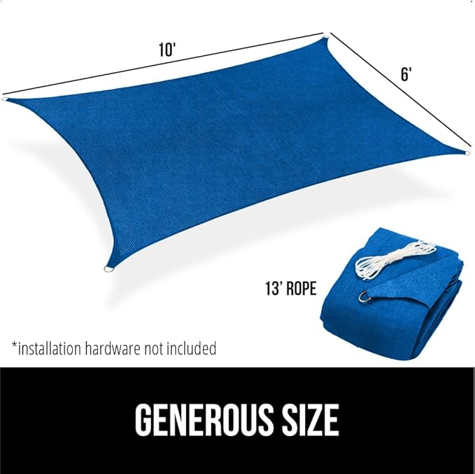 GORILLA GRIP Heavy Duty Sun Shade, UV Protection Fade Tear and Rust Resistant Rectangle Sunshade Canopy, Curved Edges Blocks Sunlight, Breathable Sail, Outdoor Patio, Lawn Garden, 6x10 FT Blue