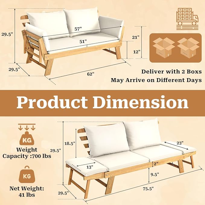 S AFSTAR Patio Convertible Couch Sofa Bed, Acacia Wood Chaise Lounger with Adjustable Armrest, Cushion & Pillows, Outdoor Daybed Loveseat Furniture for Backyard, Garden, Poolside, Porch