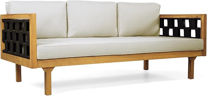Christopher Knight Home Rosie Acacia Wood Outdoor Daybed Sofa with Water-Resistant Cushion, Solid Wood Patio 3 Seater Sofa Couch, Patio Garden Lounge Sofa with Woven Rope Accent, Black+Teak+Light Gray