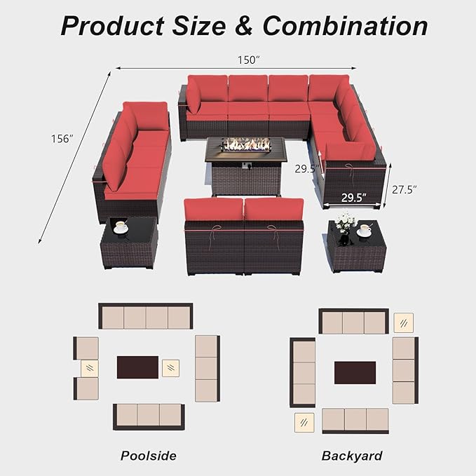 ALAULM Patio Furniture Set with Fire Pit Table 55000 BTU, Outdoor Sectional with Wide Seat and Thick Cushion, 15 Piece Wicker Rattan Conversation Set with Coffee Table for Garden, Deck, Red