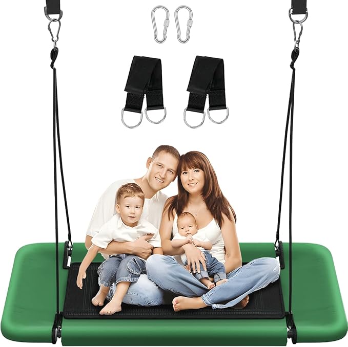 60" Retangular Tree Swing for Kids & Adults, Adjustable Platform Swing with Hanging Straps, 700lbs Capacity, Waterproof Giant Swings for Backyard Outdoor & Indoor Use, Green & Black