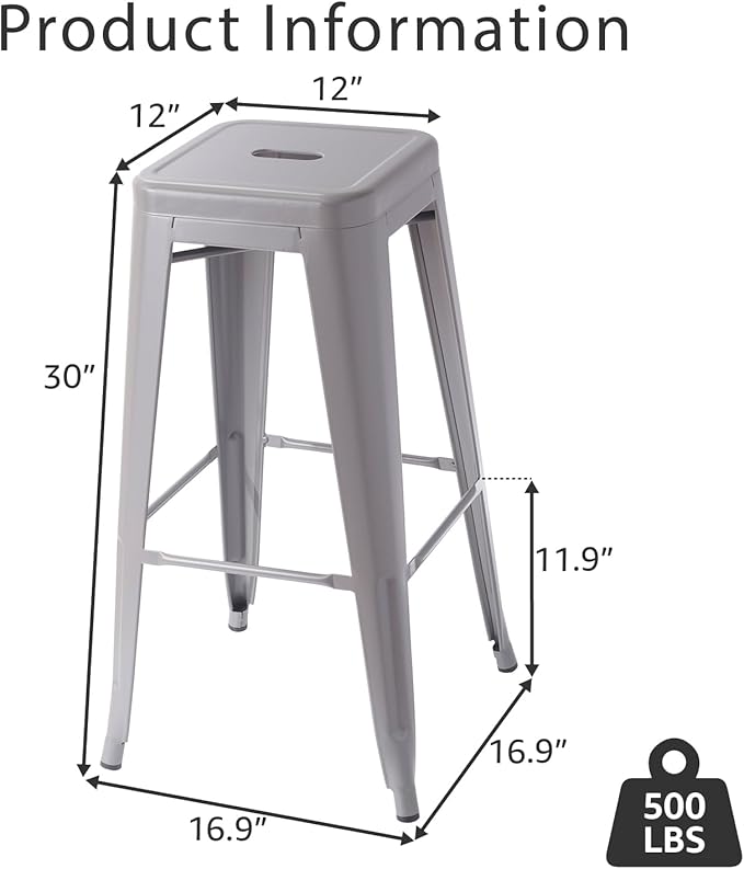 Stackable Metal Bar Stool Backless Indoor-Outdoor Counter Stools Fullmetal Dinning Chairs Set of 4 (Grey, 30 Inch)