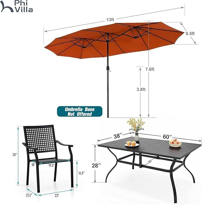 PHI VILLA 7 Pieces Outdoor Dining Set for 6 with Umbrella, 60" Long Metal Table & Stackable Iron Chairs with Cushions & 13ft Red Umbrella, Modern Steel Furniture Set for Patio, Deck, Yard, Porch